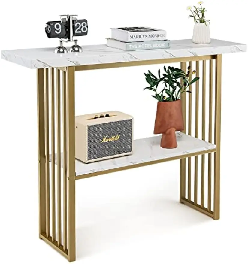 

Gold Console Table 2 Tier, 48” Narrow Sofa Table with White Faux Marble Top, Gold Steel Frame & Open Shelf, Entry Table, Modern