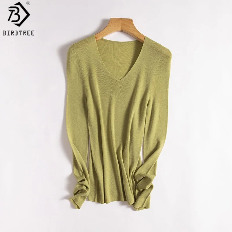 Birdtree, 100% Sheep Wool Thin Sweater, V-neck Long Sleeve Tops, Women Knitted Basics Slim Undershirt, 2026 Autumn New T69707JF