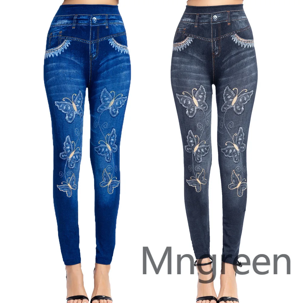 

2025 new model, imitation denim leggings, butterfly print hip lift super elastic nine-point pants