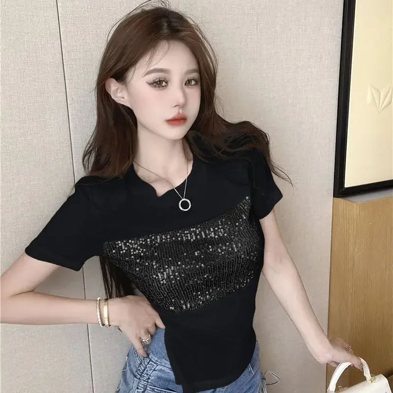 Spicy Girl Split Sequined T-shirt Women's Summer New Chic Versatile Stitching Thin Mesh Short-sleeved Ins Trendy Top