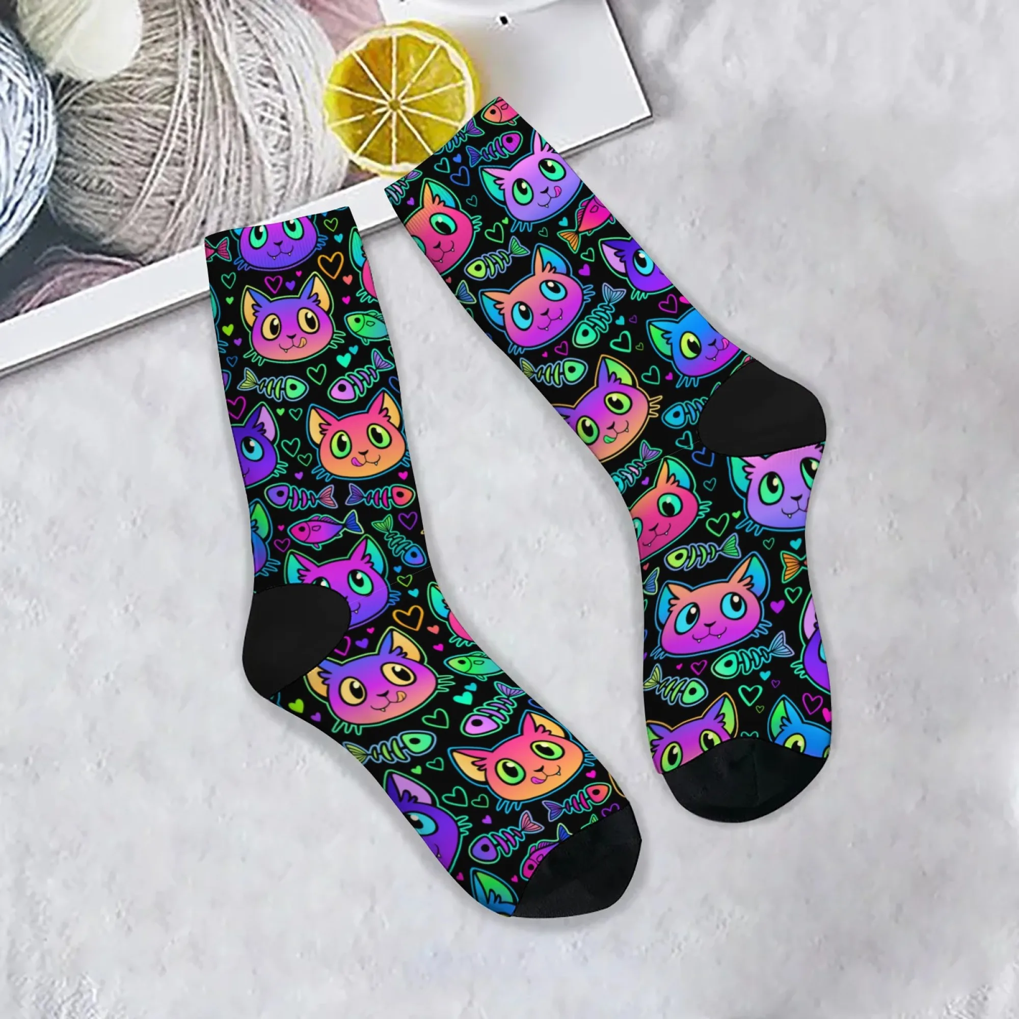 Gradient Glow Cat Happy Men's Socks Harajuku Style Novelty Funny Cartoon Socks Unisex Comfortable Warm Anti-Slip Casual Socks