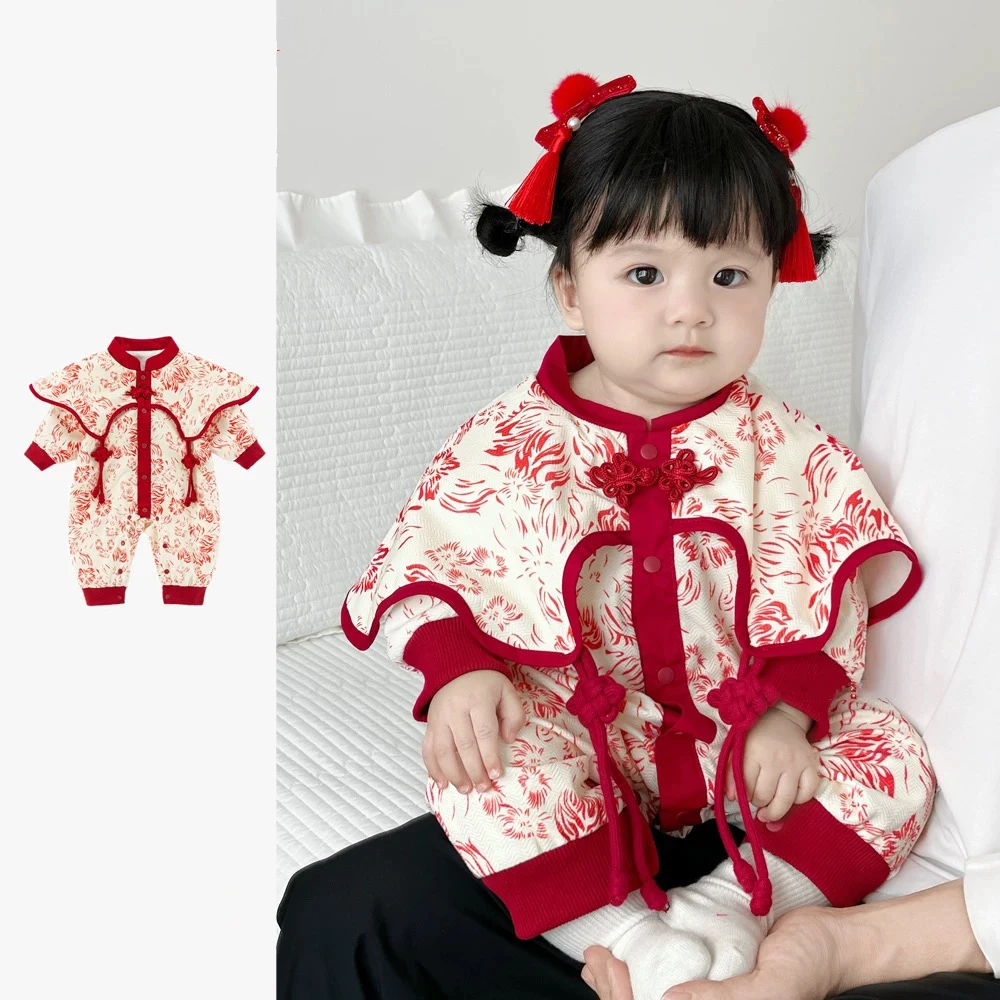 2024NEW Chinese Traditional Costume Hanfu For Newborn Baby Girls Red Floral New Year Romper Birthday Gift Christmas