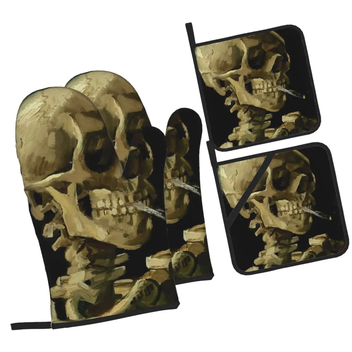 Vincent Van Gogh - Skull Of A Skeleton With Burning Cigarette Insulation Four-Piece Set Gloves Oven Gloves Kitchen Baking Tools