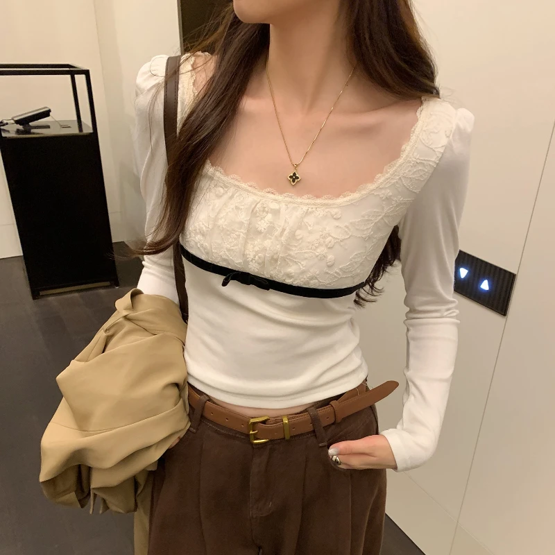 

Square Collar Long Sleeved Undershirt T-shirt Women's New Top