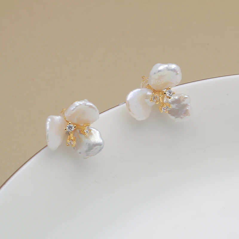 925 Sterling Silver Camellia Stud Earrings with Freshwater Pearls and Petal Baroque Pearls  earrings for women EPA