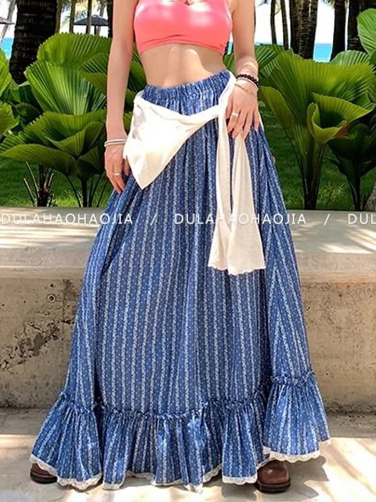 Jmprs ボヘミアンストライプロングスカート女性エレガントな甘いハイウエストレトロスカートカジュアルルーズ女性レースパッチワークヴィンテージスカート