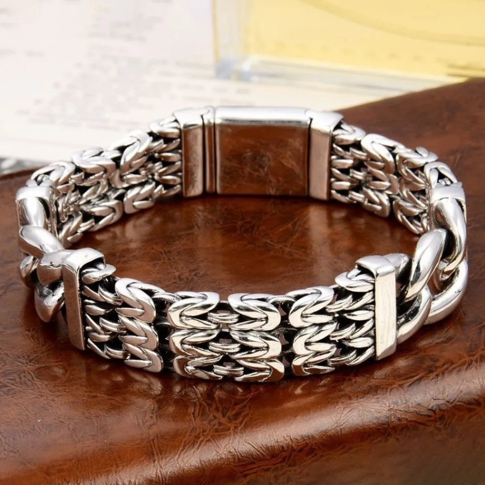 

Real Solid 925 Sterling Silver Chain Men Lucky Three Byzantine Curb Cuban Link Bracelet 86g/22cm