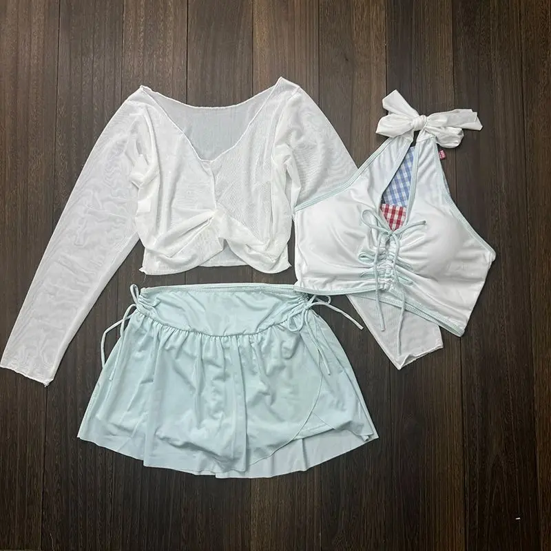 

2025 Summer New Cute Patchwork Swimsuit American Sexy Backless Green Striped 2 Piece Set Sweet Sleeveless Top Sweet Shorts Set