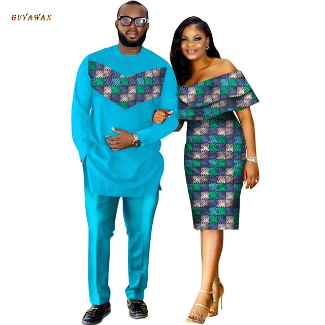 2 Piece Set African Dashiki Print Couple Clothing for Lovers Men Top Pant Set and Women Ruffle Sleeve Bodycon Dress Dashiki 6XL 