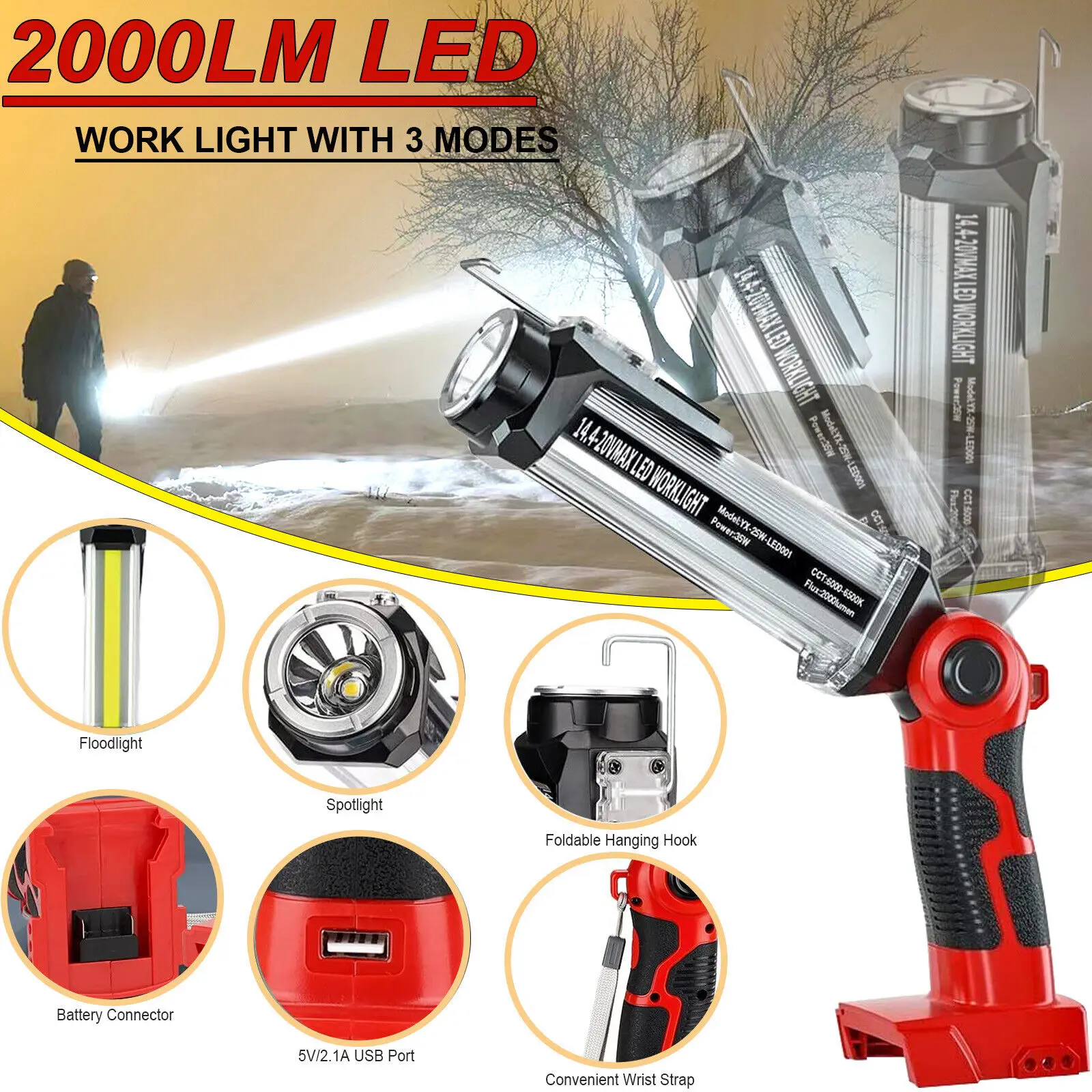 Led Work Light para Milwaukee Holofotes Portáteis Lâmpada de Ferramentas Lanternas Portáteis para Acampar Bateria Li-ion 18v 35w 2000lm