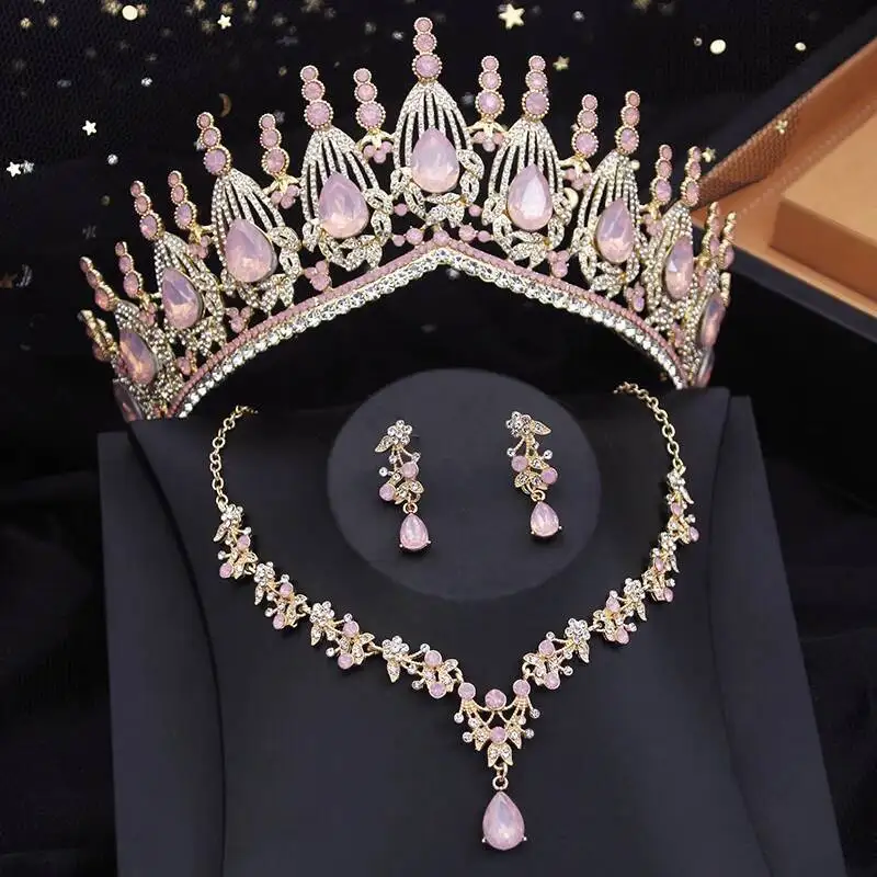 Green Bridal Jewelry With Tiara Jewelry Set Women Bride Crown And Necklace Earrings Sets Pink Princess Girls Wedding Party Prom