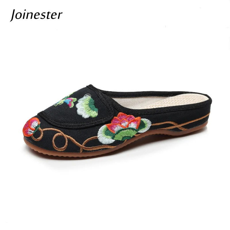 

Women's Round-Toe Embroidered Canvas Slipper Summer Breathable Linen Retro Ethnic Style Mules Dance Dress Slides for Ladies