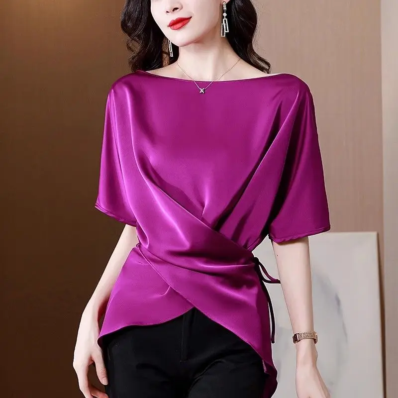 Summer Fashion Temperament Irregular Solid Color O-neck Short Sleeve T-Shirt Ladies Fashionable Elegant Loose Pullover Top Tee