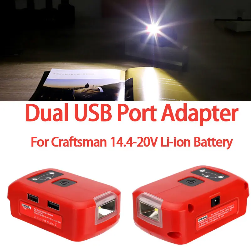USB Power Adapter For Craftsman 14.4-20V CMCB202 CMCB201 CMCB205 Li-ion Battery DC 12V Output Port With LED Work Light