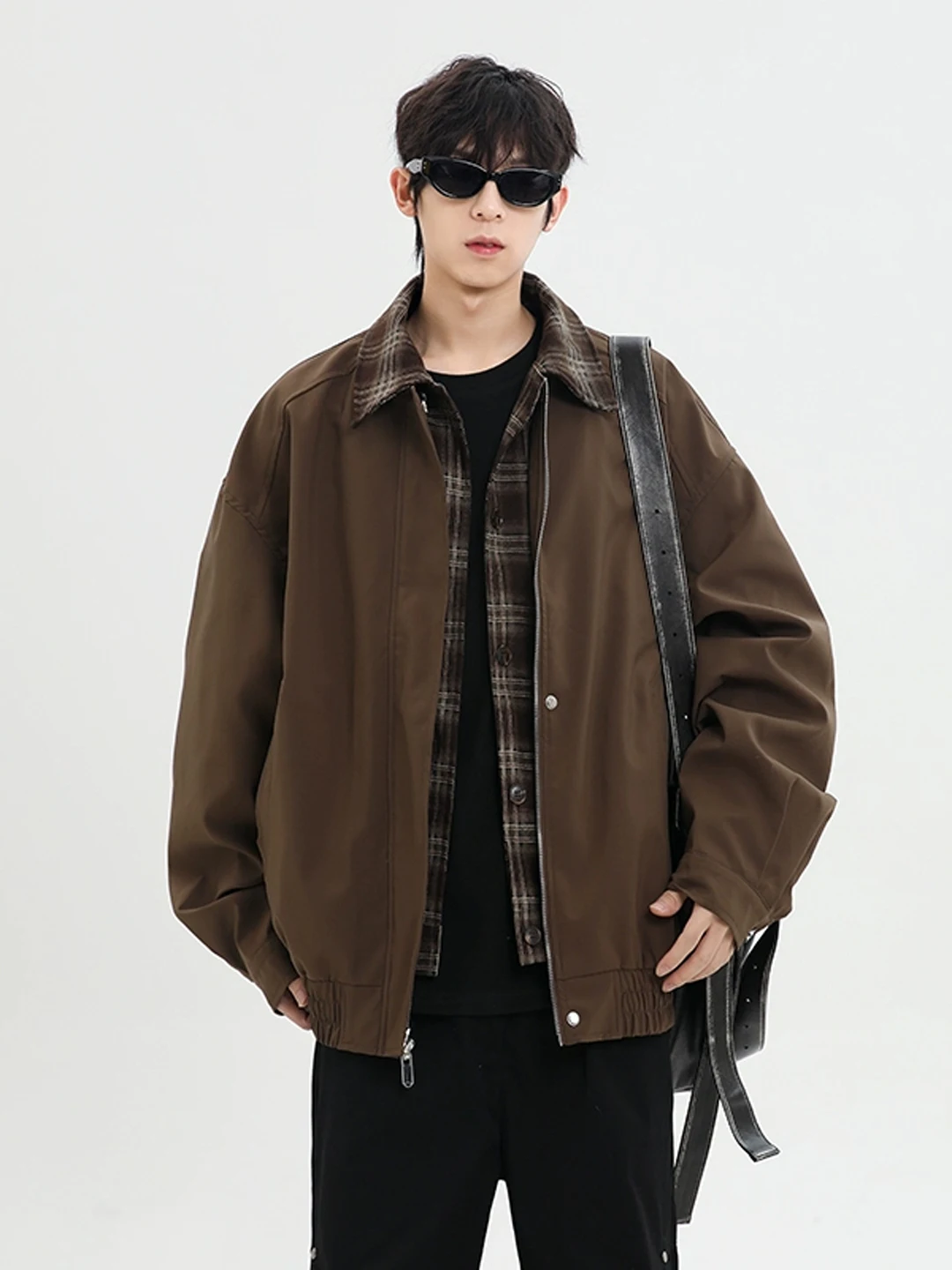 

Vintage Brown ort Baseball Jaet Men's Spring Autumn Flip Collar Coat Stand Fit Long Sve Polyester Fiber Teenager