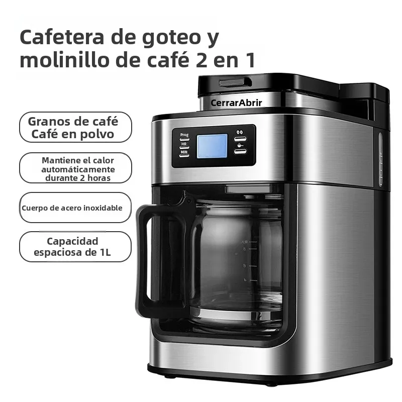 Cafetera americana totalmente automática, se pueden usar granos o polvo de café, cafetera eléctrica de goteo con molinillo 2 en 1