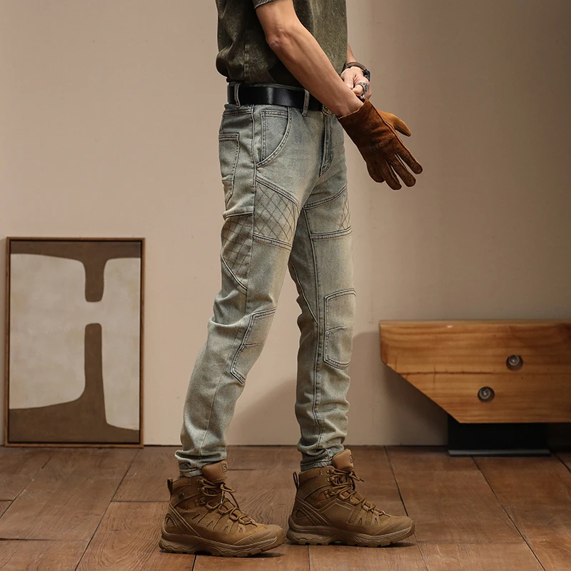 New American High Quality Slim Fit Patch Motorcycle Pants Vintage Jeans for Men Skinny Jeans Men cargo pants  streetwear men