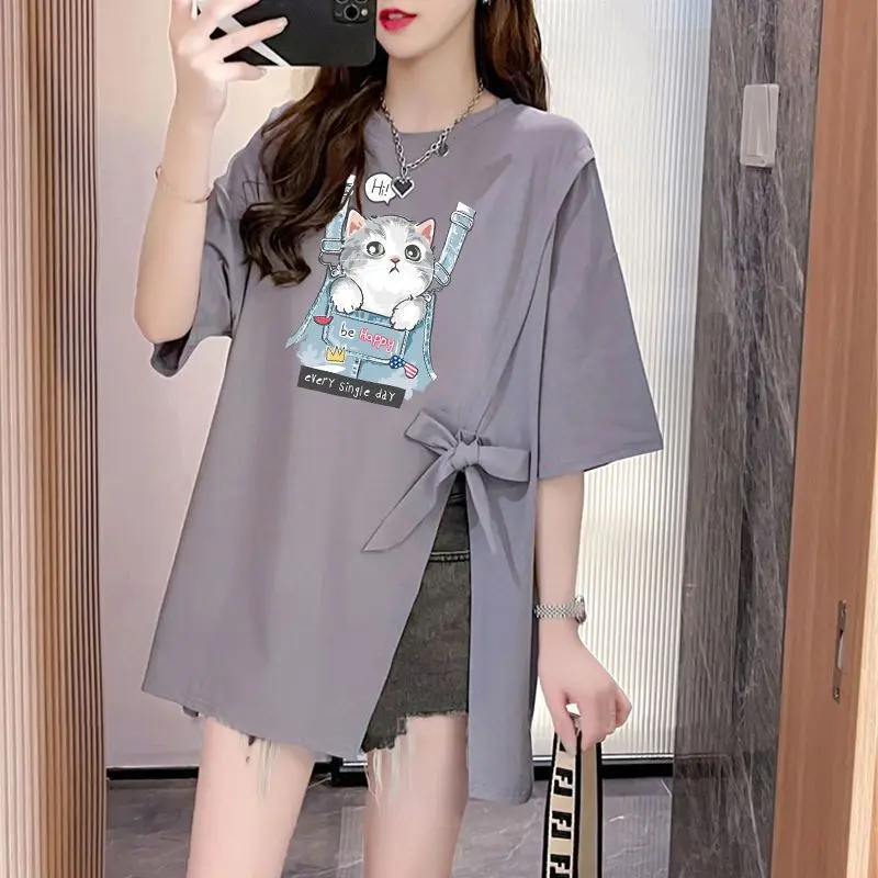 Summer Straight Irregular O-neck Pullovers Ladies Fashion Printing Tops Loose All-match Lacing T-Shirts Women\'s Clothing 2024