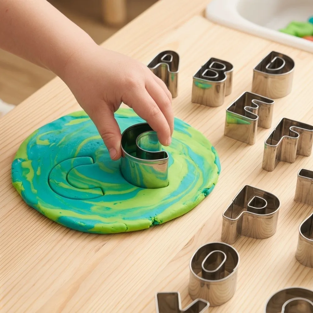 26PCS 26 Letter Shapes Alphabet Cookie Cutters Stainless Steel Round Storage Box Letter Biscuit Cutter Set Easy Cleaning