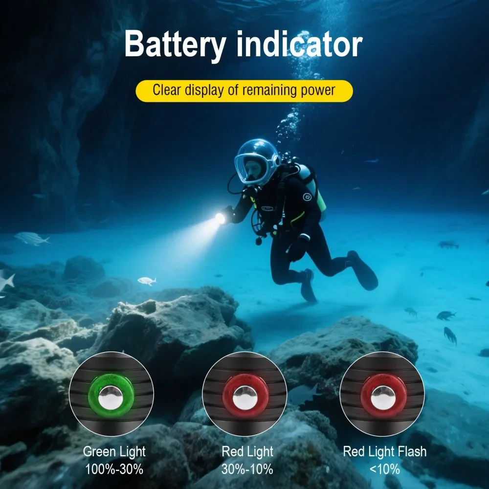 BORUiT 2000LM LED Torcia subacquea Super luminosa P50 IPX8 Torcia impermeabile Subacquea 100M Lanterna per pesca subacquea