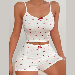 Sexy Heart Printed Bowknot Suspenders Home Leisure Set Pajamas Women