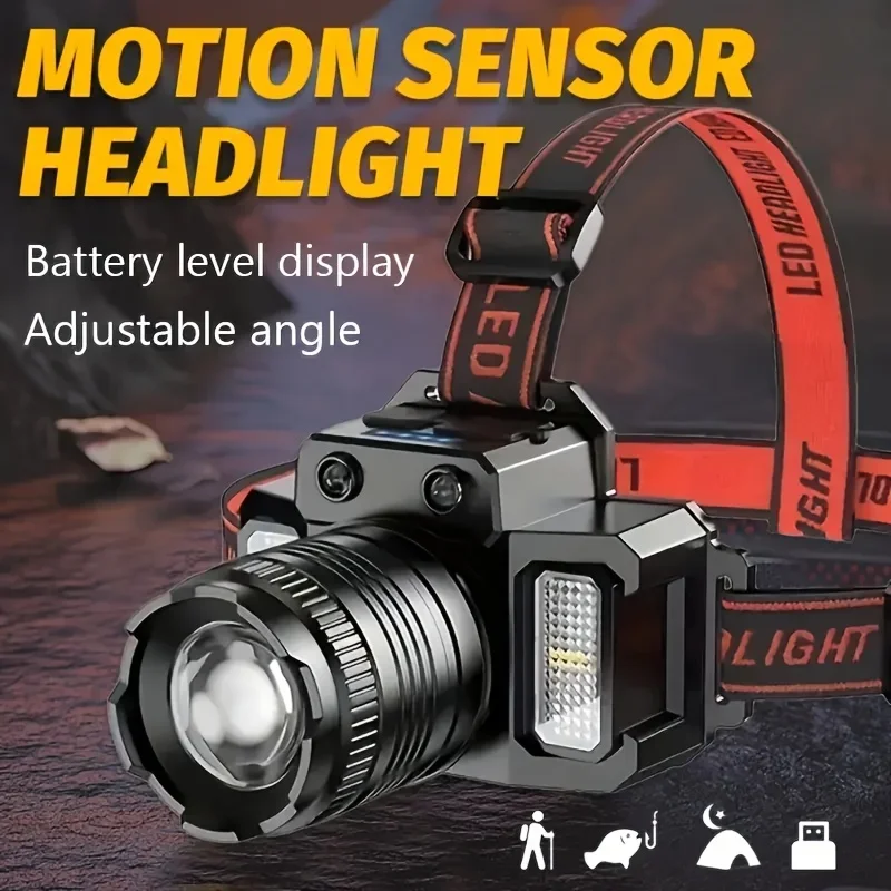 

Rechargeable Zoomable Sensor Headlamp,Adjustable LED Light,Camping Fishing Cycling,COB Auxiliary Lamp,Power Bank Battery Display