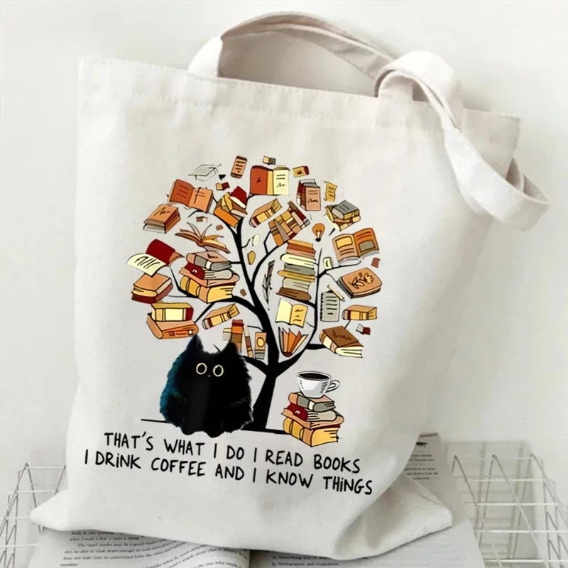 Cute Black Cat and Book Canvas Handbag for Women One Shoulder Print Shopping Bag Suitable for Daily Use Bag Gift for Women