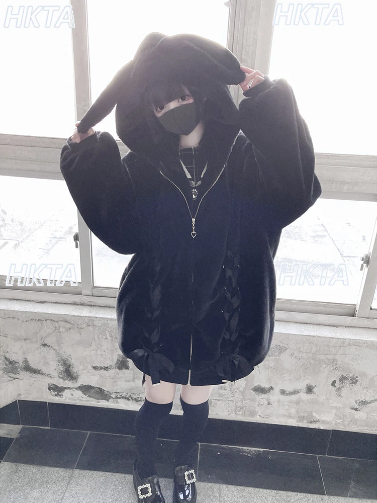 Original Weiche Mädchen Nette Flauschigen Pelzmantel Winter Neue Krawatte Bowknot Kaninchen Ohr Faux Pelz Mäntel Winter Dicke Warme Flauschige Baumwolle Jacke