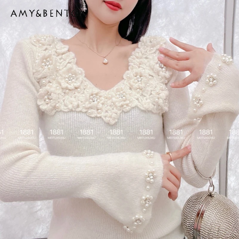 

Three-dimensional Handmade Flower Sweater Women's Autumn Winter Pure Desire Flared Sleeves Top Knitted V-neck Bottoming Shirt