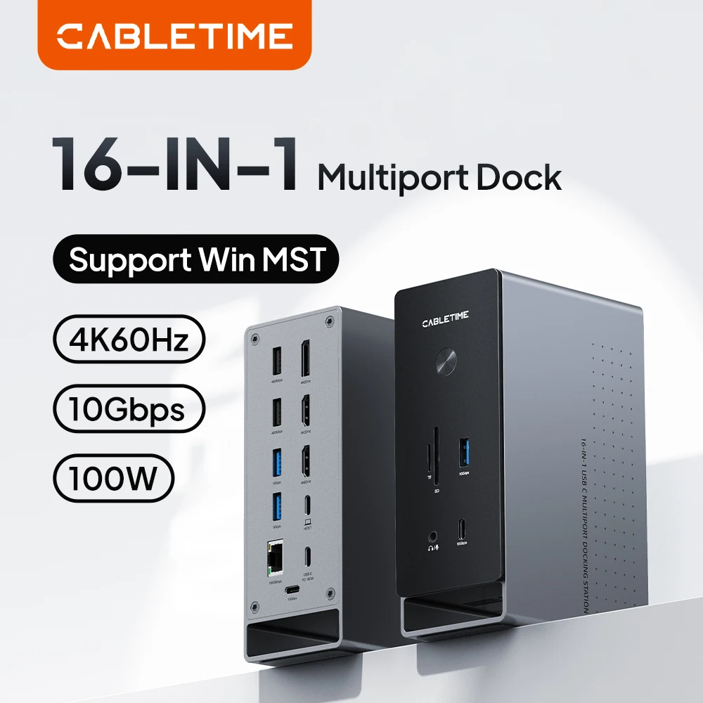 CABLETIME 16 IN 1 USB C Dock Station 4K60Hz HDMI MST Microchip PD100W 10Gbps Type C 1000Mbps Lan Port for Laptop Mac Pro