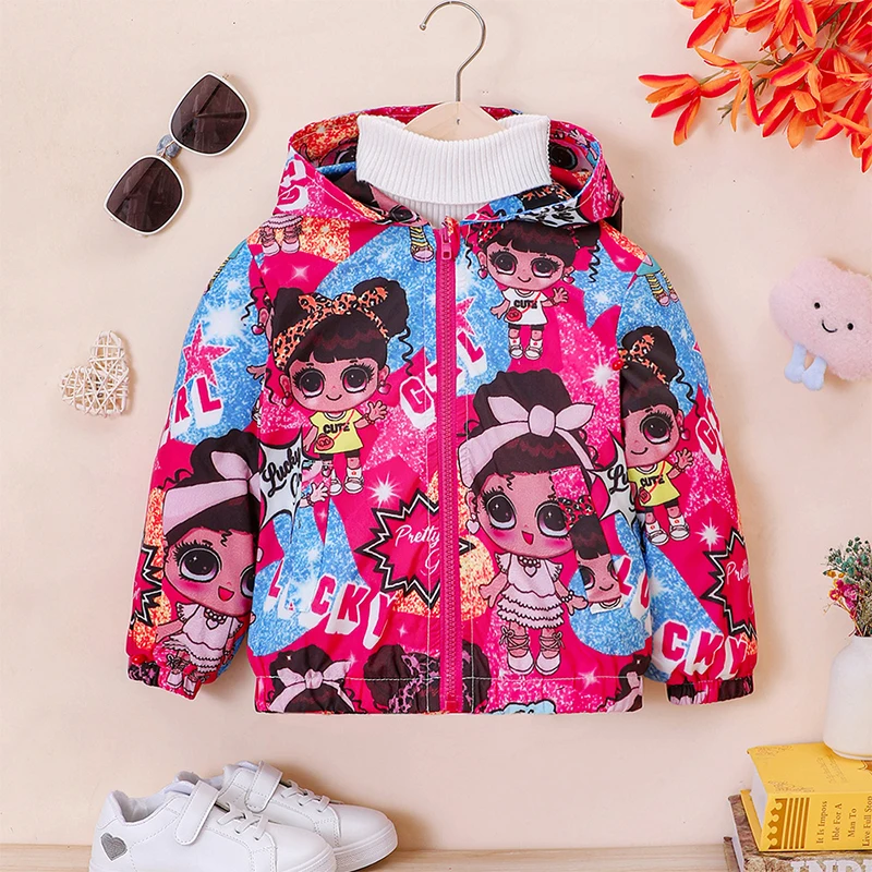 Kids Girls Jacket Spring  Autumn Hooded Cartoon Printed Plush Jacket Cute Toddler Girls Outerwear Clothing 1 2 3 4 5 6 7 Years