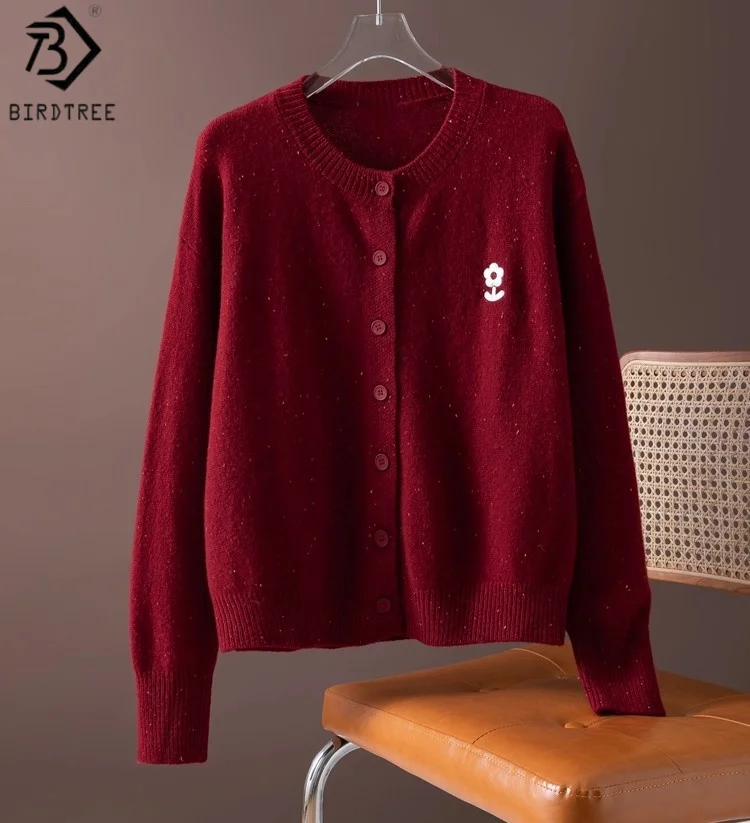 

Birdtree 100% Sheep Wool Knited Red Sweater,Woman Soft O-neck Full Sleeve 2025 Autumn Single Breated Cardigan Coat T59405JF