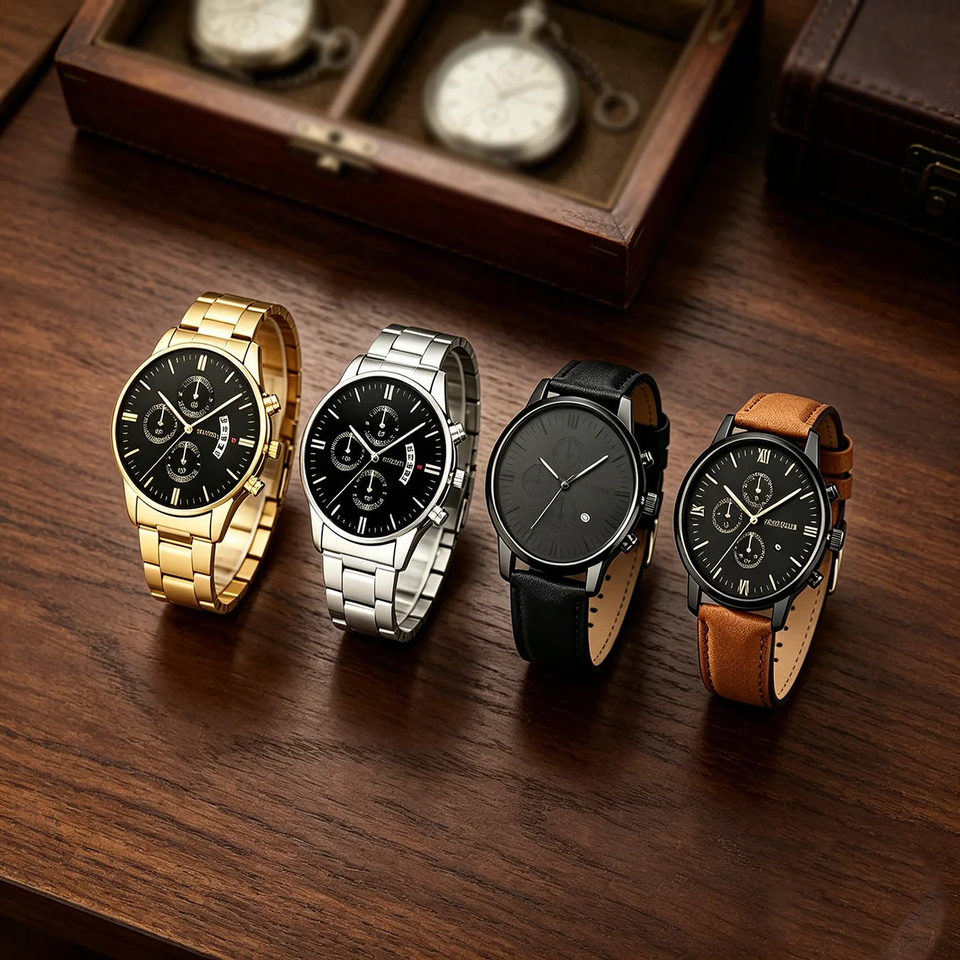 

4pcs - Men's Quartz Watch Set, a casual analog watch with PU leather and alloy strap, suitable for various occasions