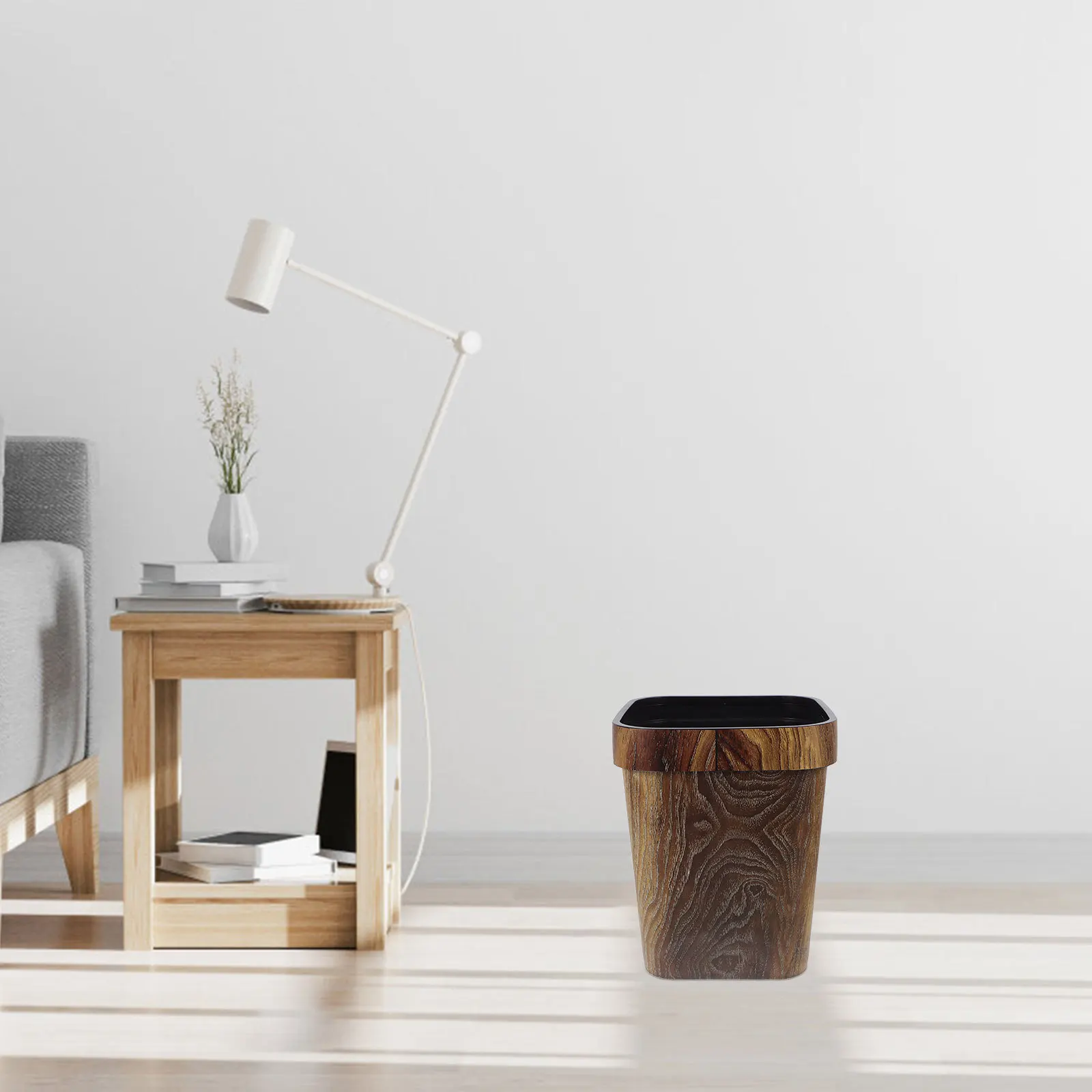

Square Waste Bin Faux Wood Grain Lidless Trash Can 12L Rustic Plastic Garbage Container for Office Bedroom Kitchen