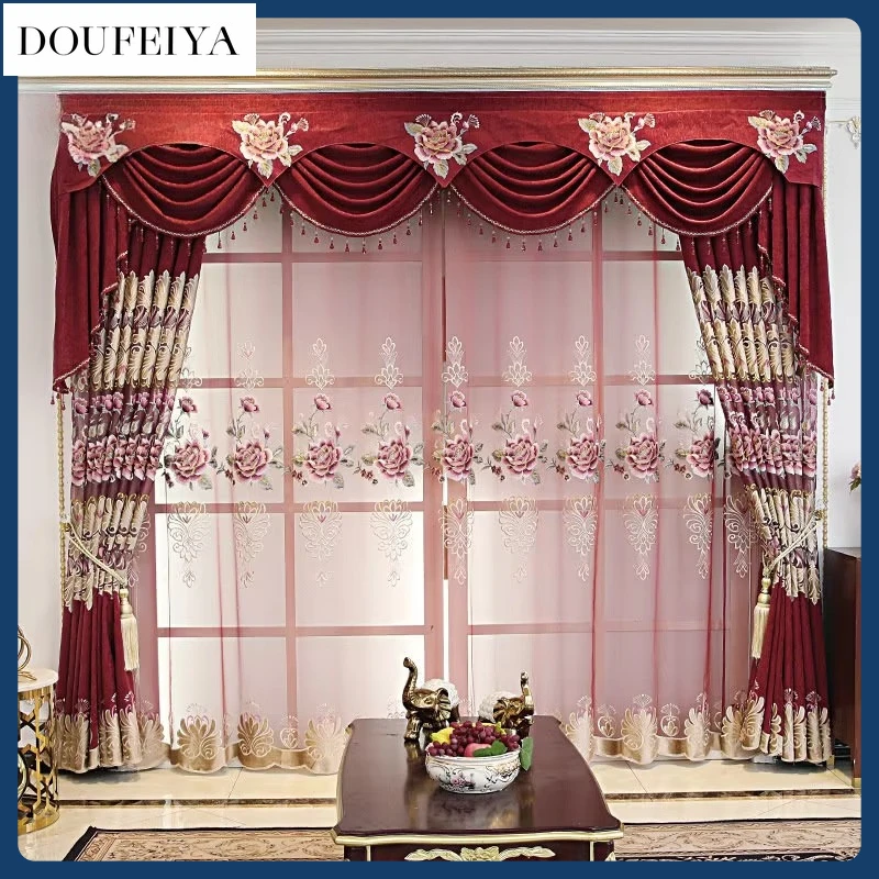 

European Embroider Red luxury Curtains for Living Room Dining blackout Bedroom Snowy Valance Tulle Elegant Decoration Custom