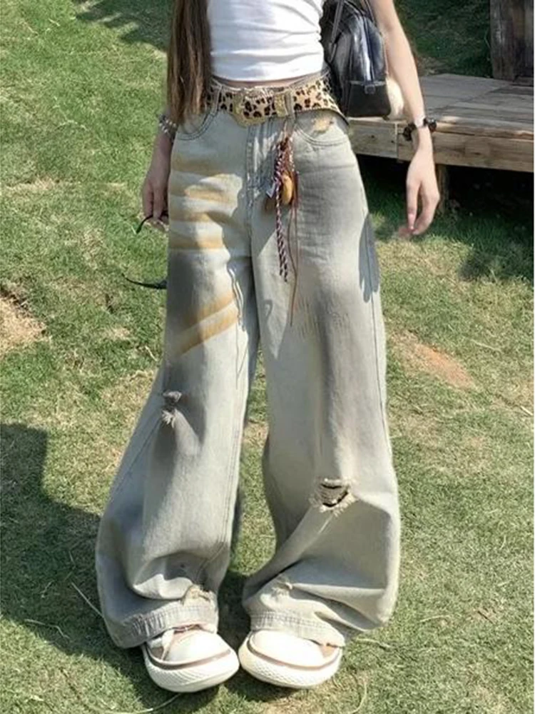 

American style retro distressed yellow mud dirty dyed jeans women spring autumn 2025 design sense ripped wide leg pants