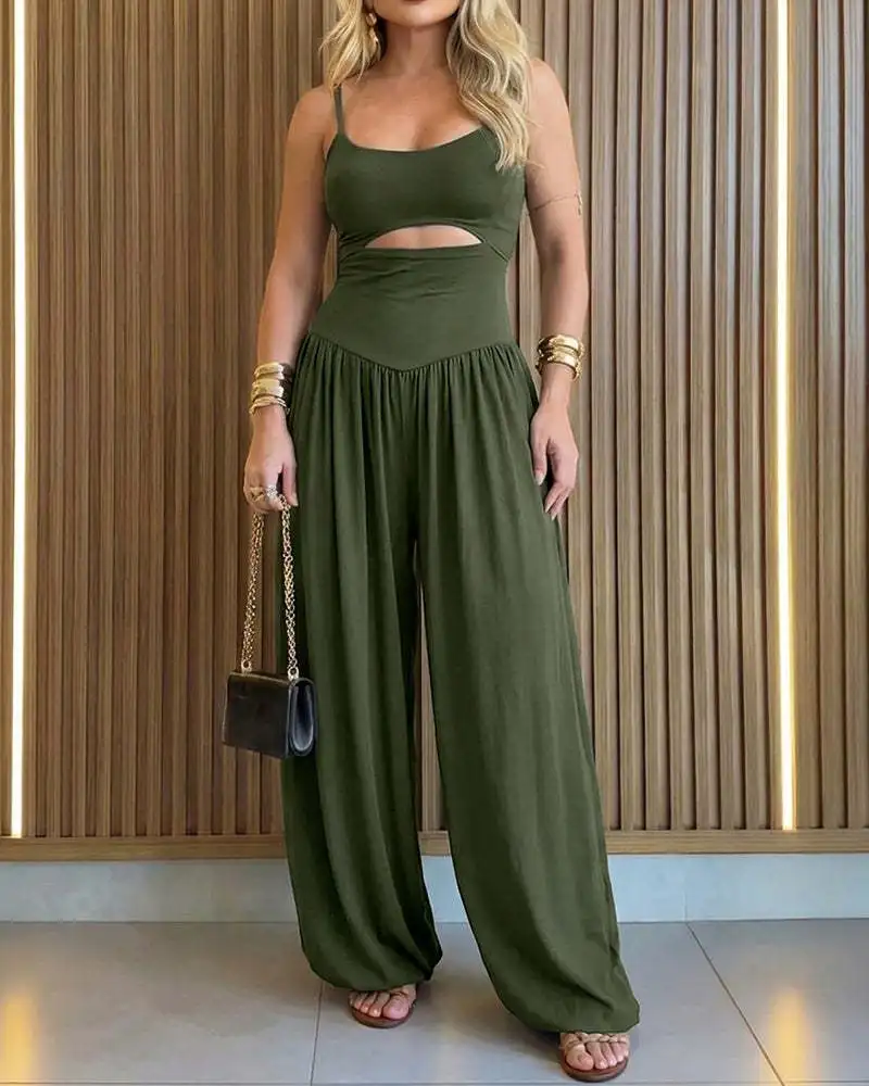 Women Fashion Solid Color Jumpsuit Spaghetti Strap Front Cutout High Waist Tie Back Design Loose Wide Leg Romper Side Pockets