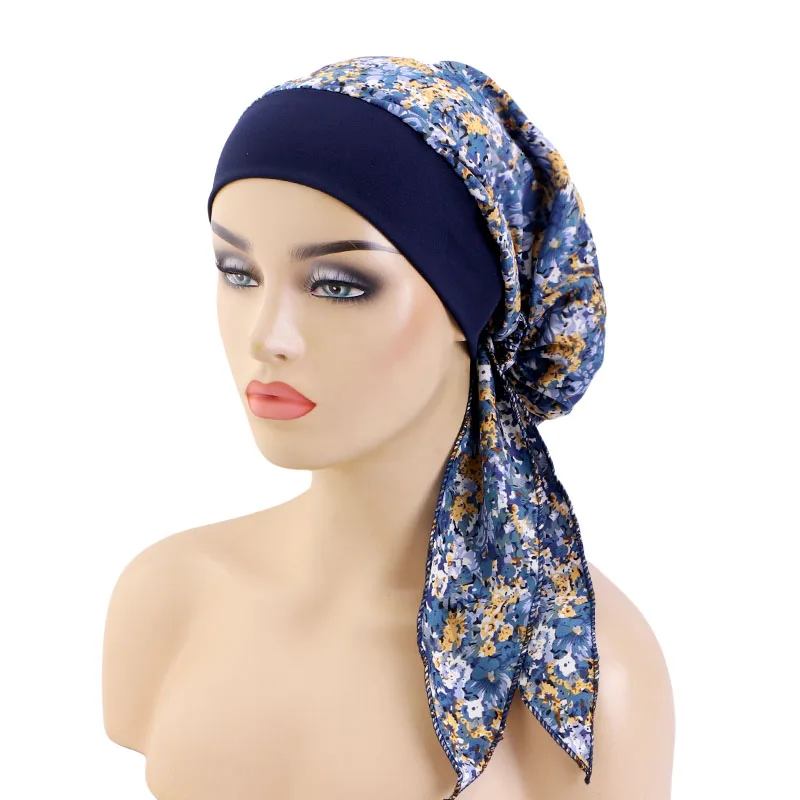 Frauen Gedruckt Pre-krawatte Kopftuch Elastische Muslimischen Weiblichen Turban Krebs Chemo Hut Haar Verlust Abdeckung Kopf Wrap Headwear Stretch