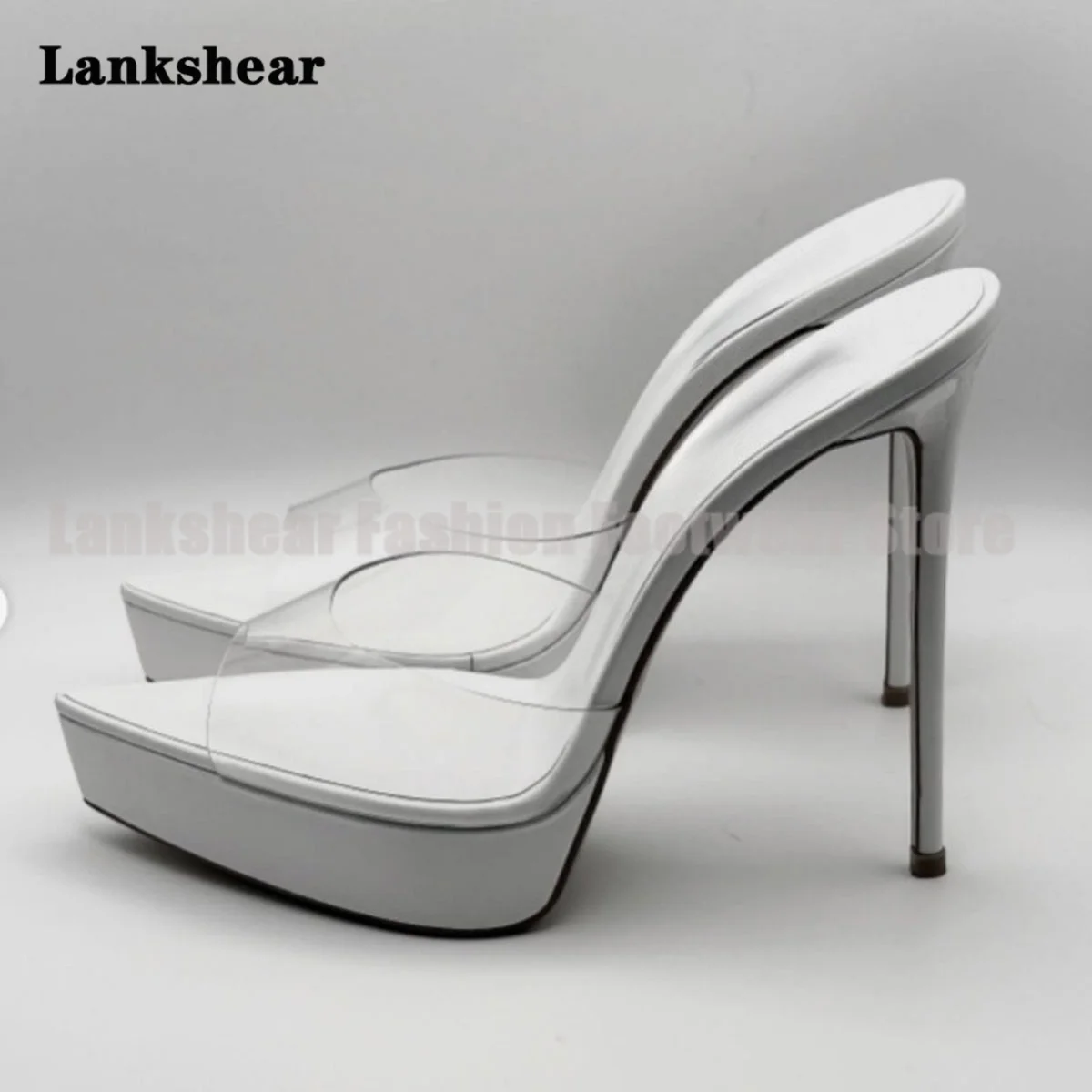 Clear Pvc Platform Mules Slippers Pointed Toe Stiletto Heels Slip-On Dress Sandals Women Shoes Summer Sandalias De Mujer Verano