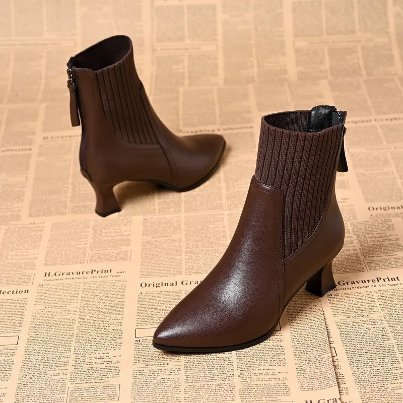 2025 New Women Knitted Elastic Sock Boots Soft Leather Pointed Toe Chunky Heel Short Boots Autumn Winter Shoes