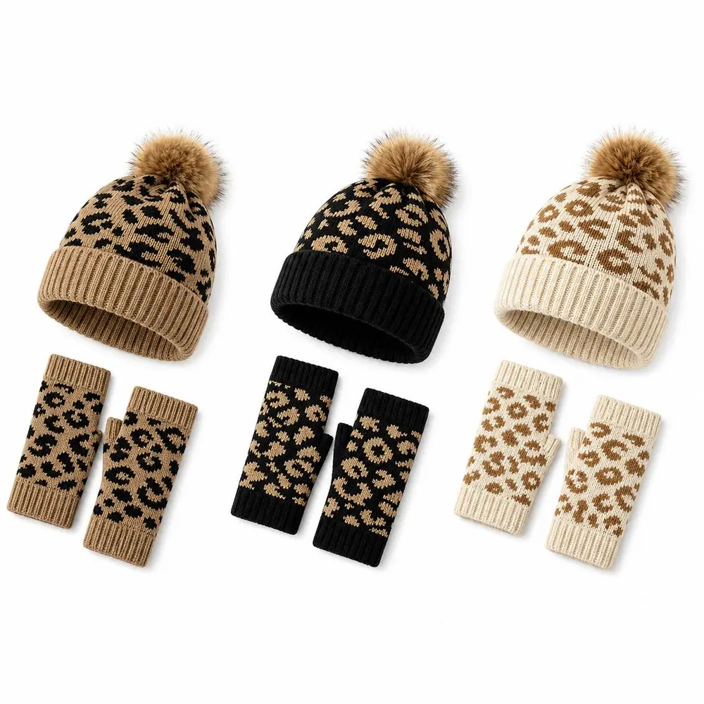 2Pcs/Set New Leopard Knit Beanie Soft Warm Pom Pom Beanie Knitted Winter Hat Outdoor Wear