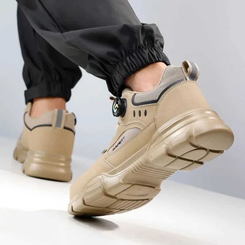 GUYISA Safety Shoes Men Breathable Anti Smash Lightweight Comfortable Khaki Slip Resistant Work Boots Durable Protective
