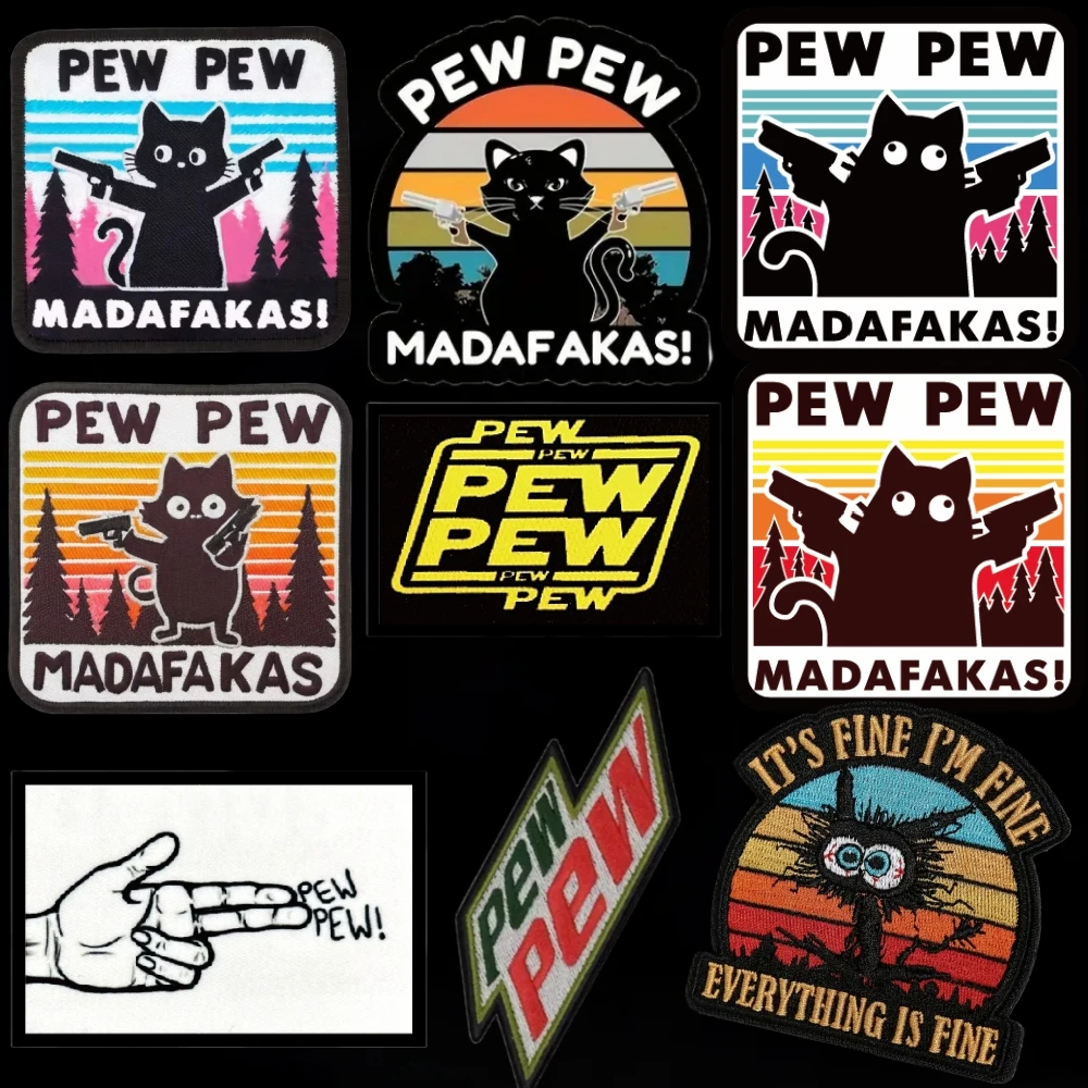 Pew Pew Madafakas Morale Badge Patches Tactical Double Spear Black Cat ARMY Military Embroidery Armband Backpack Printed Sticker