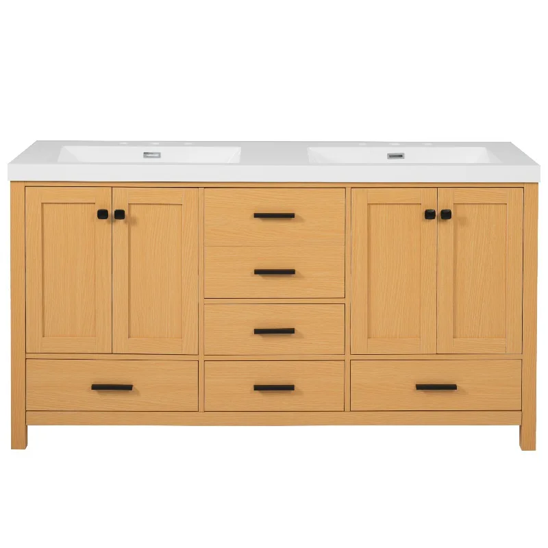 

59.3" Bathroom Vanity with Solid Wood Frame & MDF Cabinet, Double SMC Resin Sink, Soft-Close Doors and Drawers, 4 Doors, 5 Drawers, Adjustable Shelves, Black Handles