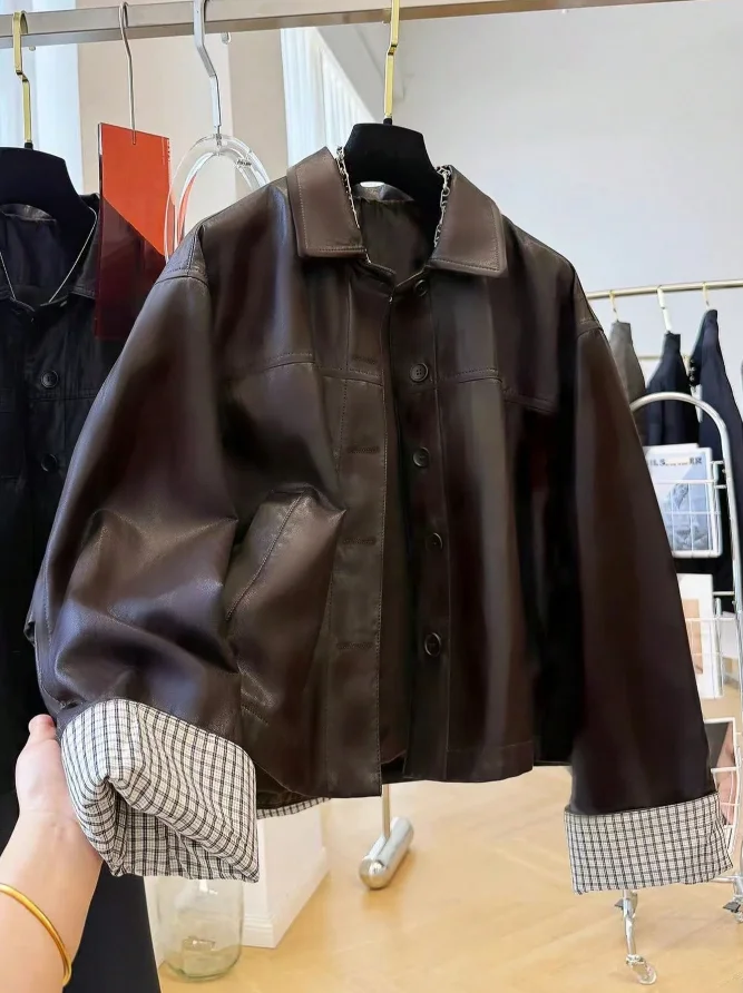 Plus Size Women's Faux Leather Shirt Jacket, Collared Button Down Oversized Short PU Coat with Turnable Plaid Cuff, Fall Casual