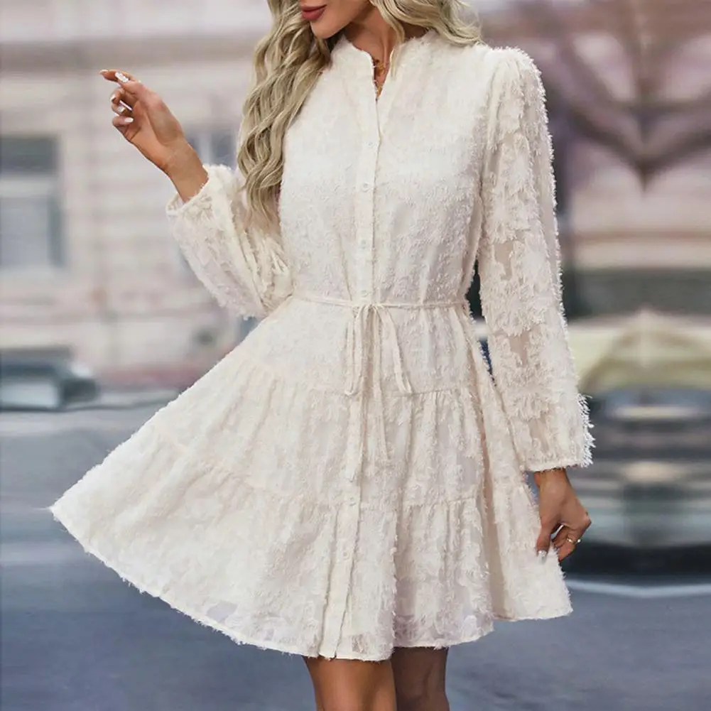 

Loose Hem Dress Elegant Lace A-line Midi Dress with Long Sleeve Tight Waist for Women Soft Feminine Single-breasted Dress