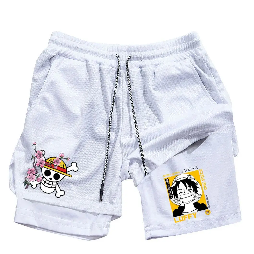 公式ワンピースコレクション スポーツショーツ - ルフィ＆麦わら帽子海賊団スカルプリント、調節可能なドローストリング付き