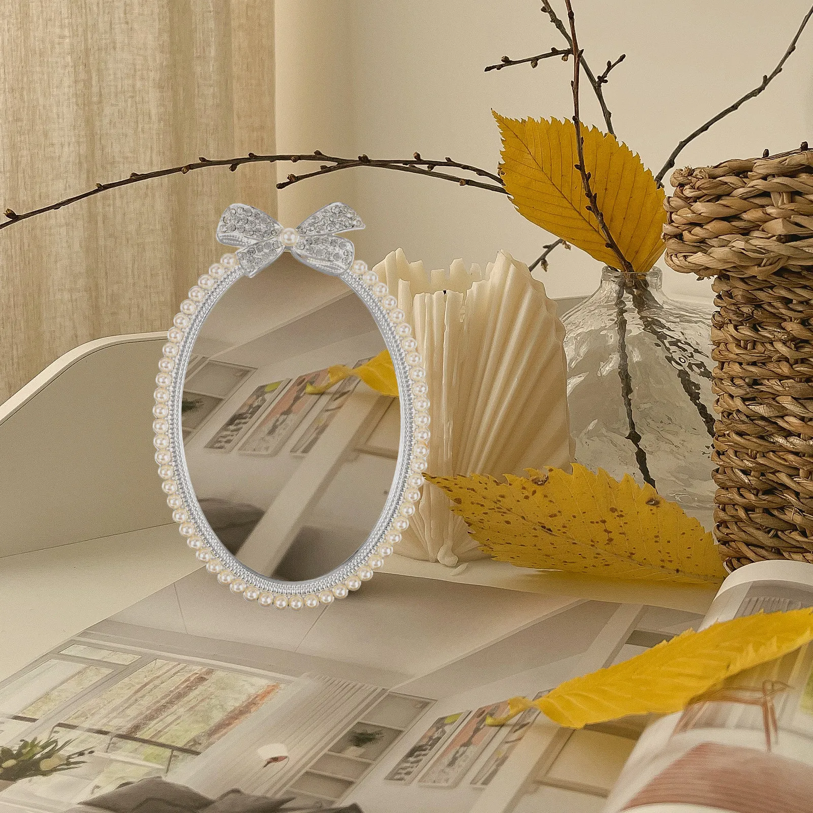 

European Style Desktop Makeup Mirror Chic Pearl Decoration Elegant Dresser Mirror High Definition Clear Surface for Daily Use