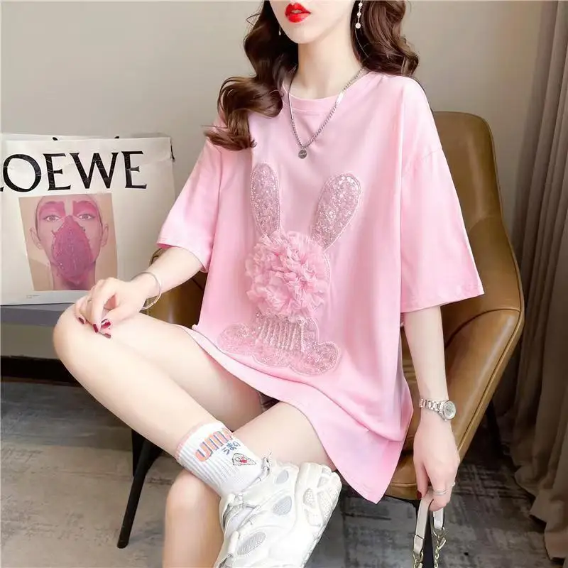 Sweet Pink Cotton T-shirt Heavy Handmade Diomand Shiny Bowknot Bear Cartoon Graphic T Shirt Summer Tees Top Accessories Clothes