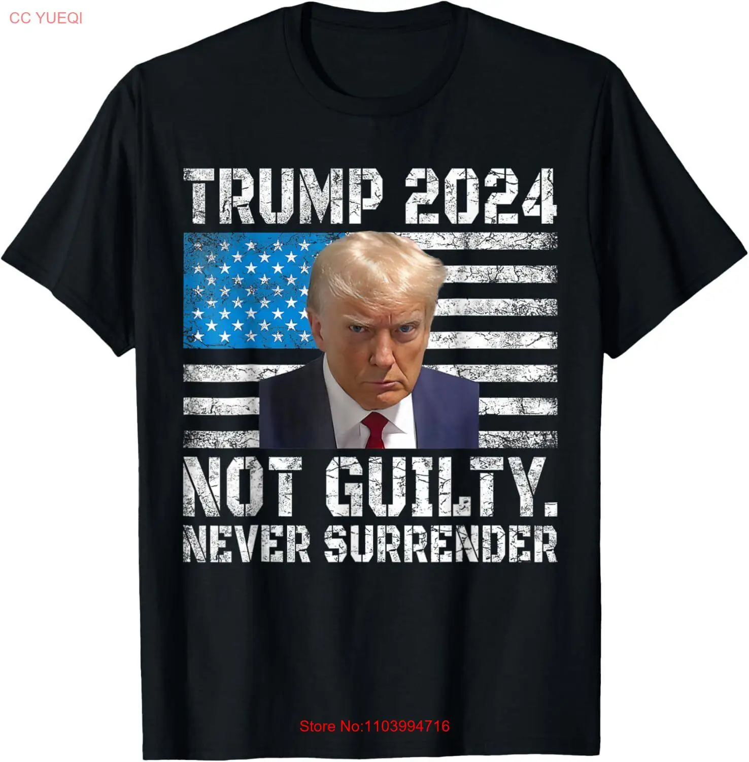 Trump 2024 Mug Shot Never Surrender US Flag Vintage T-Shirt Small, Black